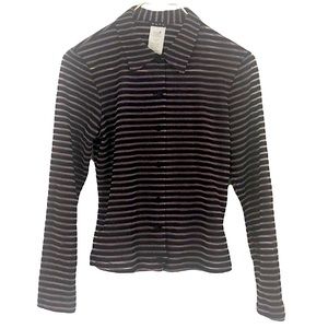 VINTAGE Y2K Sheer Metallic Red Black Striped Stretch Long Sleeve Button Up Shirt
